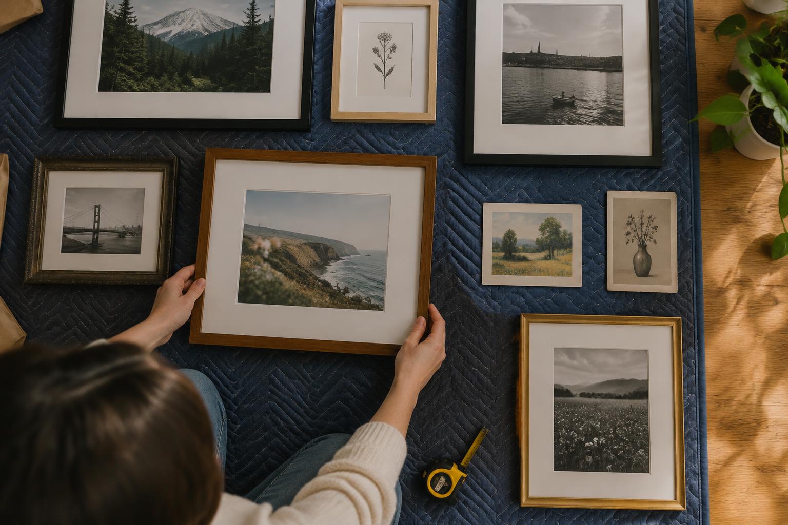 Framed photos and art prints laid out on a blanket on the floor to plan a gallery wall layout