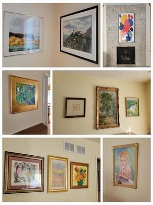 Gallery walls of framed art in several rooms