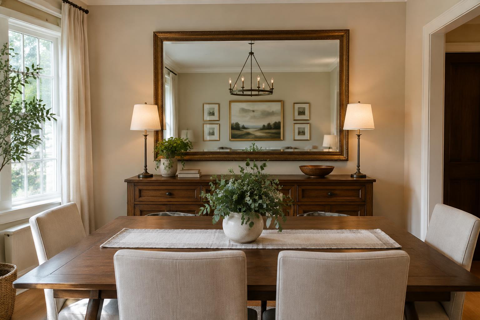 Large framed mirror above a dining room sideboard reflecting artwork on the opposite wall