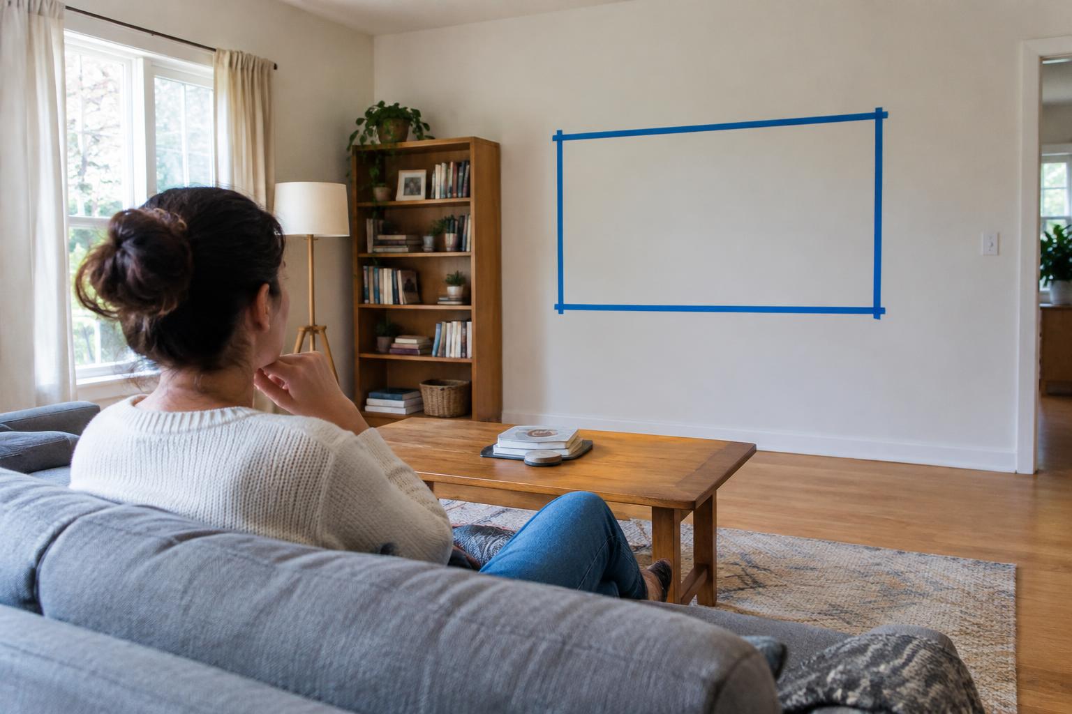 Homeowner seated on a sofa checking a taped TV outline on the living room wall before mounting