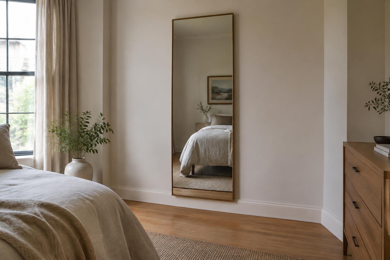 Full-length framed mirror mounted vertically on a bedroom wall with open floor space in front