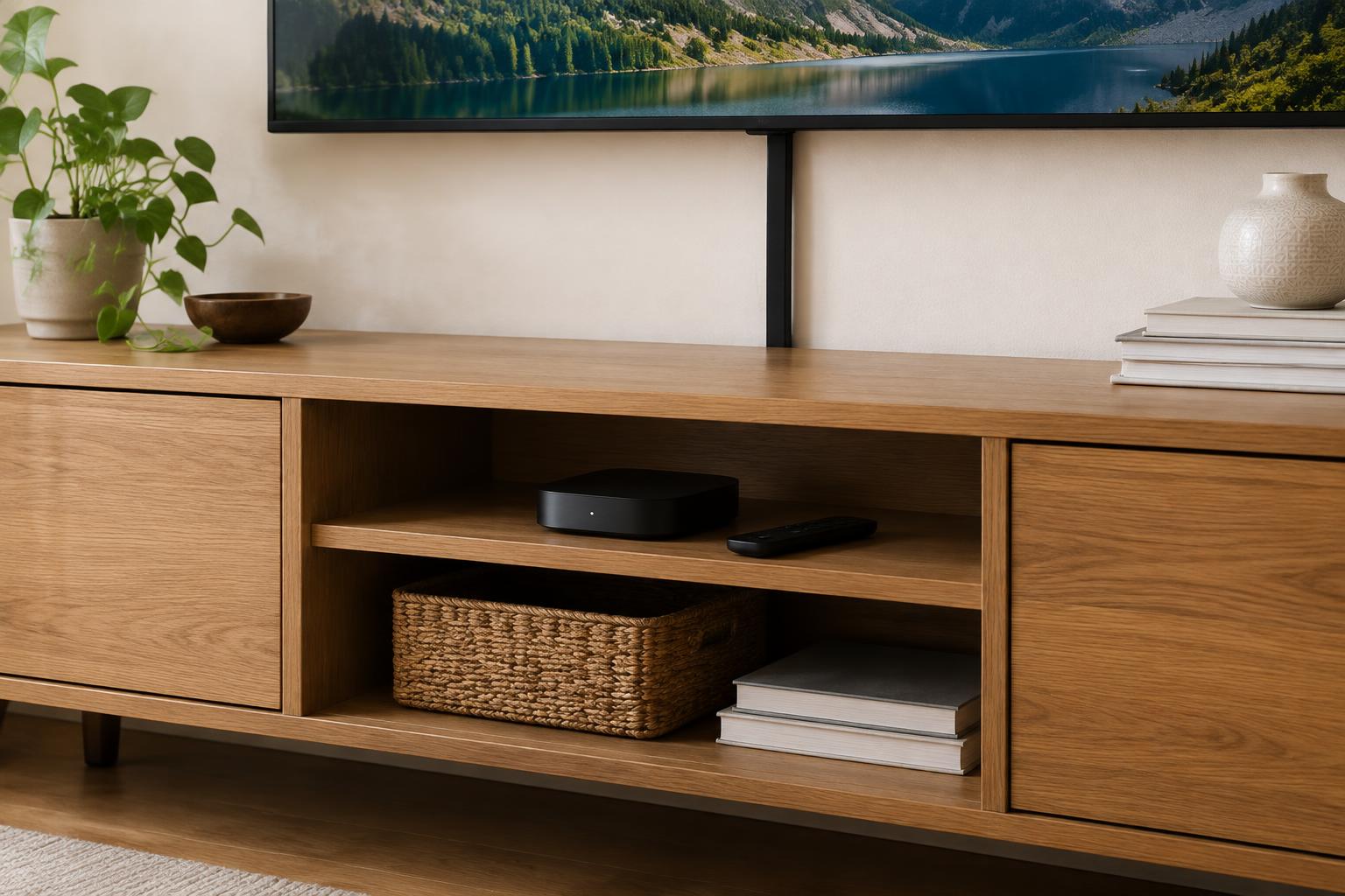 Organized media console beneath a wall-mounted TV with a cable cover and an accessible streaming device