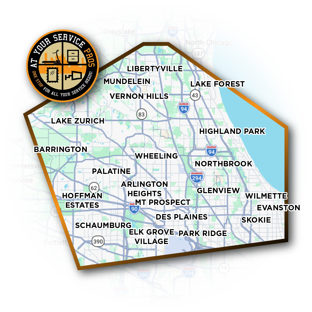 Map of At Your Service Pros' North Shore and Chicagoland service area
