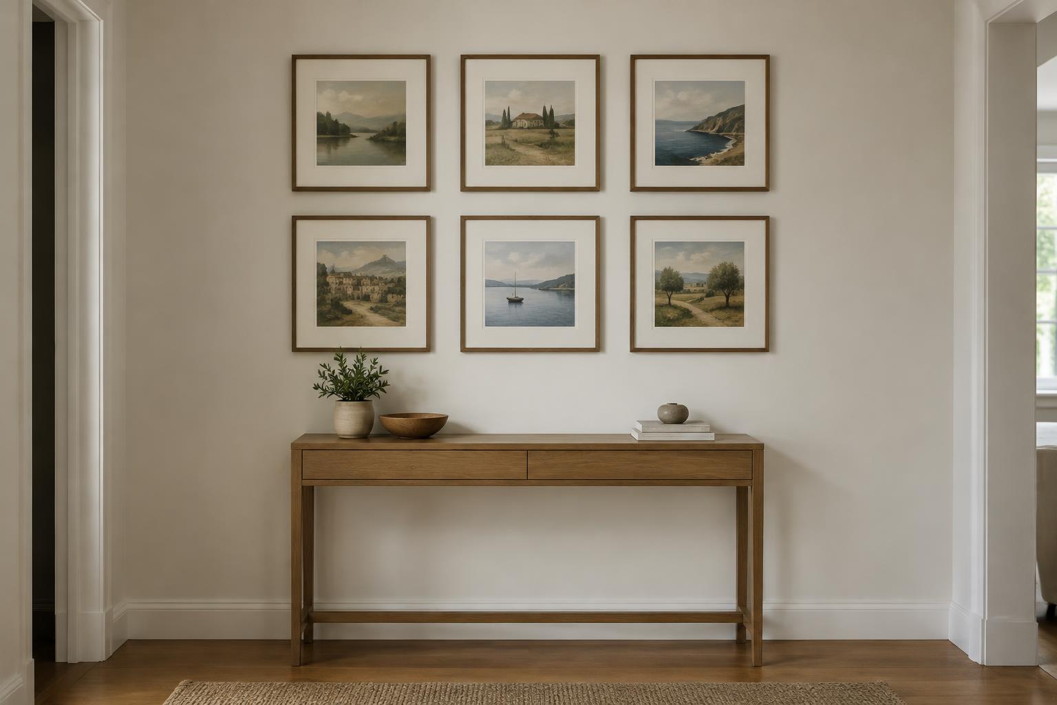 Six matching frames hung in a two-row grid above a narrow oak console in a hallway