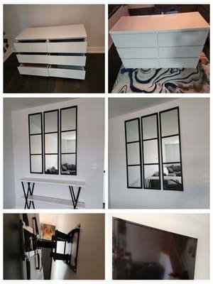 Assembled dresser, window mirrors, and mounted TV