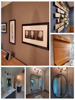 Framed photos and mirrors hung throughout a home