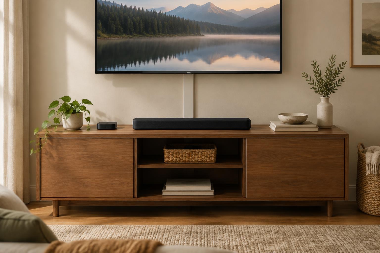 Streaming device and soundbar arranged on a media console below a wall-mounted TV, with a painted cable cover running down the wall