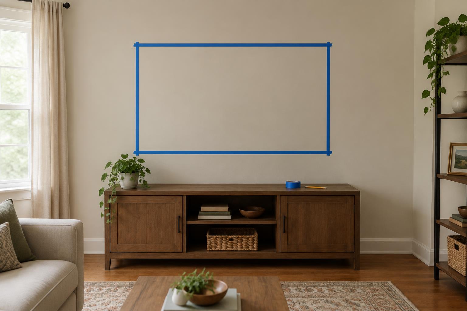 A television outline marked on a living room wall in removable painter's tape to check placement before mounting