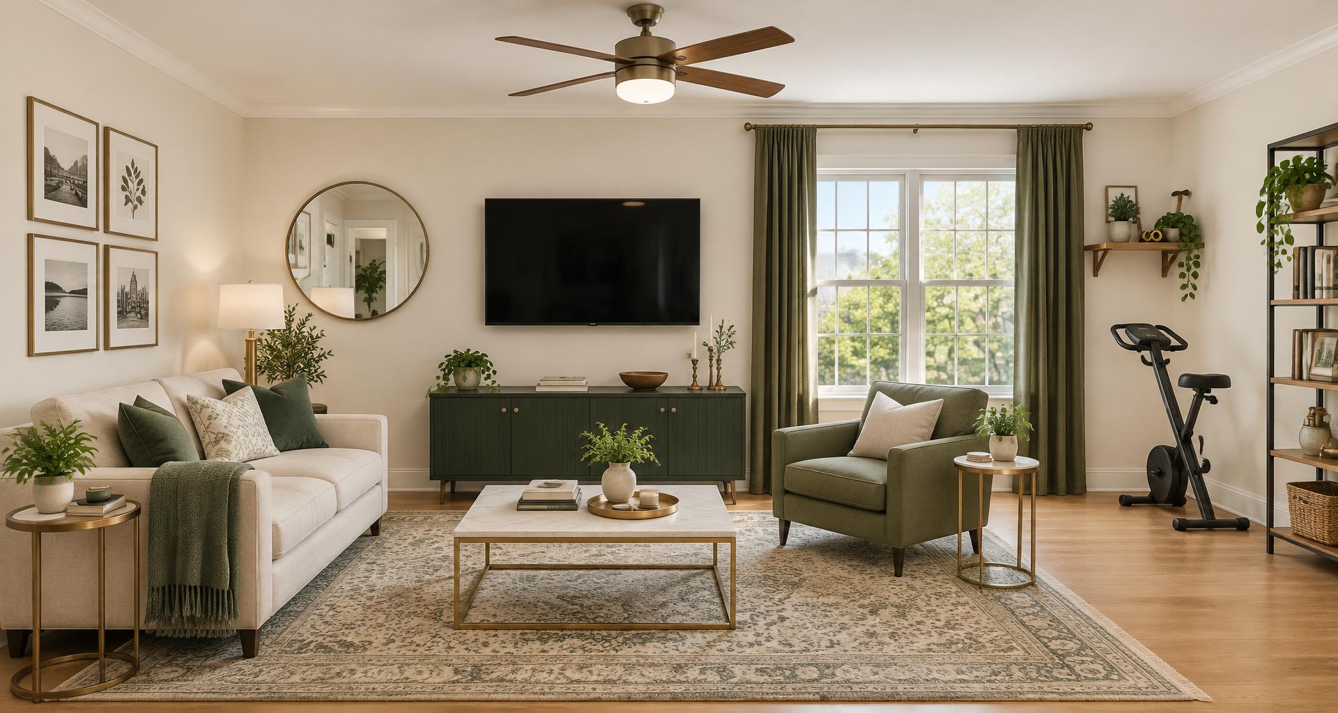 Wide styled living room with gallery pictures, mirror, mounted TV, curtain rod, furniture, shelves, fitness equipment, ceiling fan, and small wall shelf
