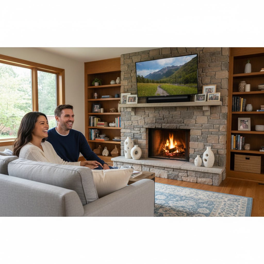 Hands leveling framed artwork during picture hanging service in Northbrook home