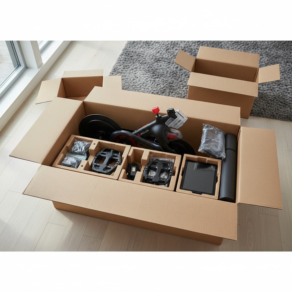 Peloton bike components laid out for assembly in Northbrook home