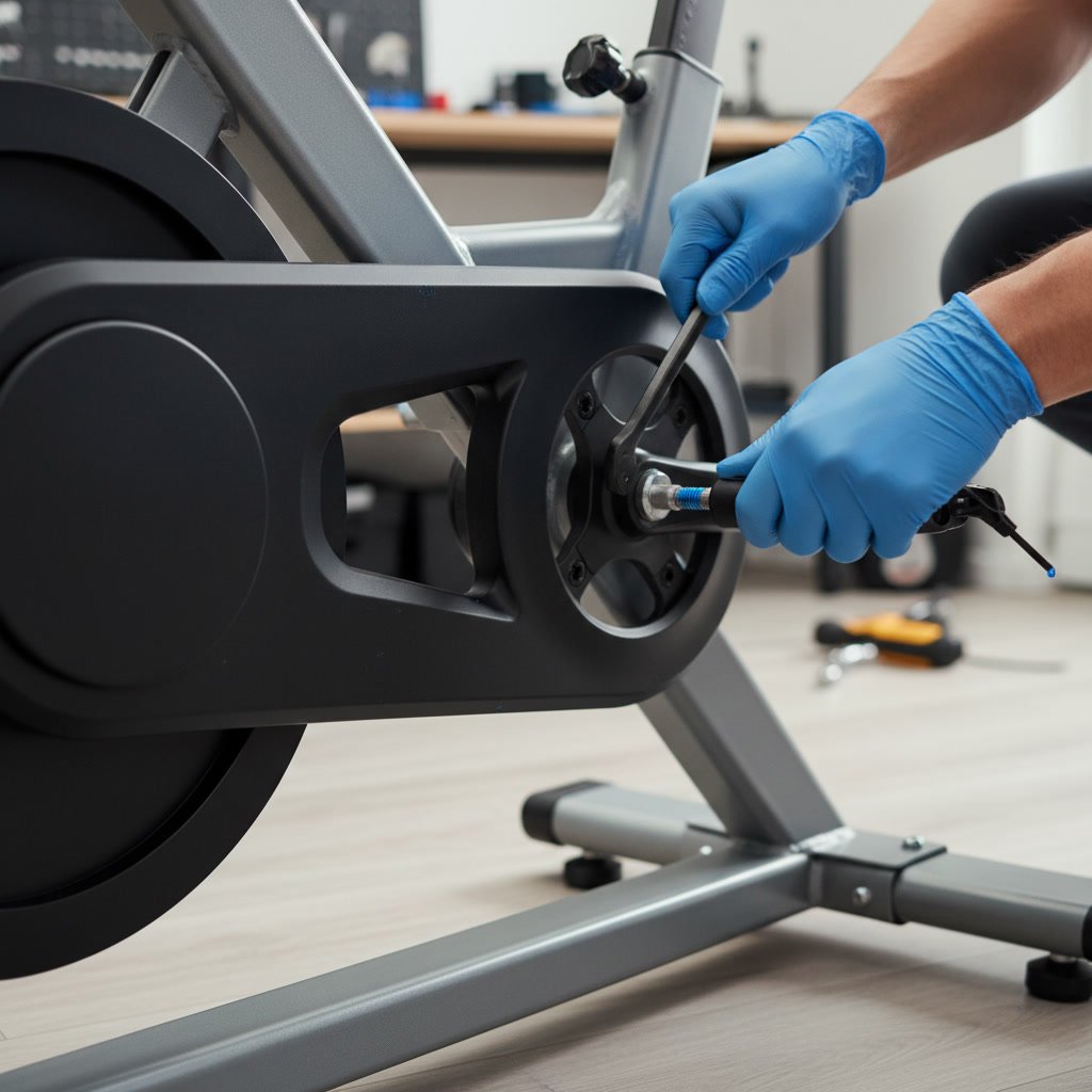 Properly installed Peloton bike pedals and resistance knob in Northbrook home gym