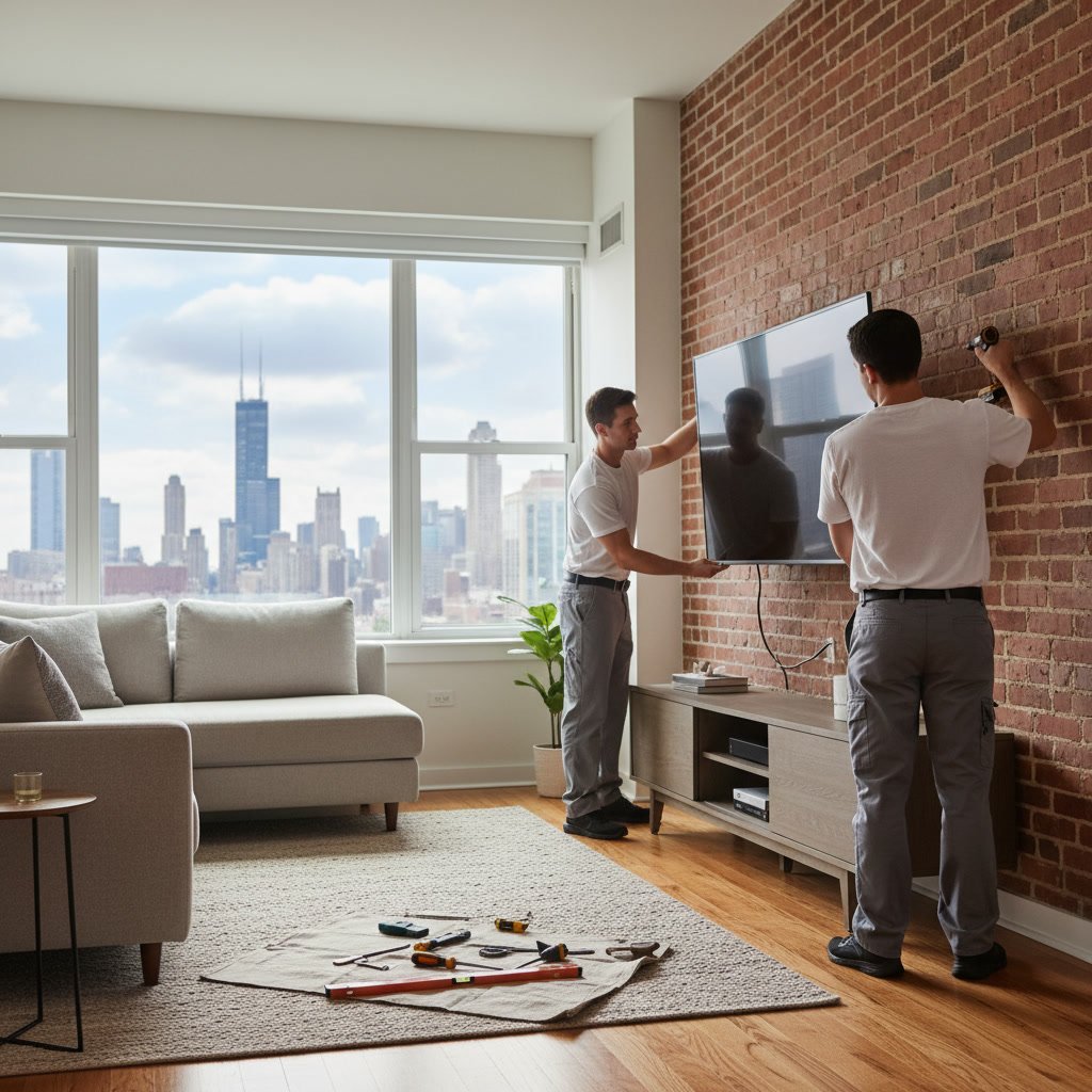 Professionally mounted TV with concealed cables and soundbar installation in Chicago area home