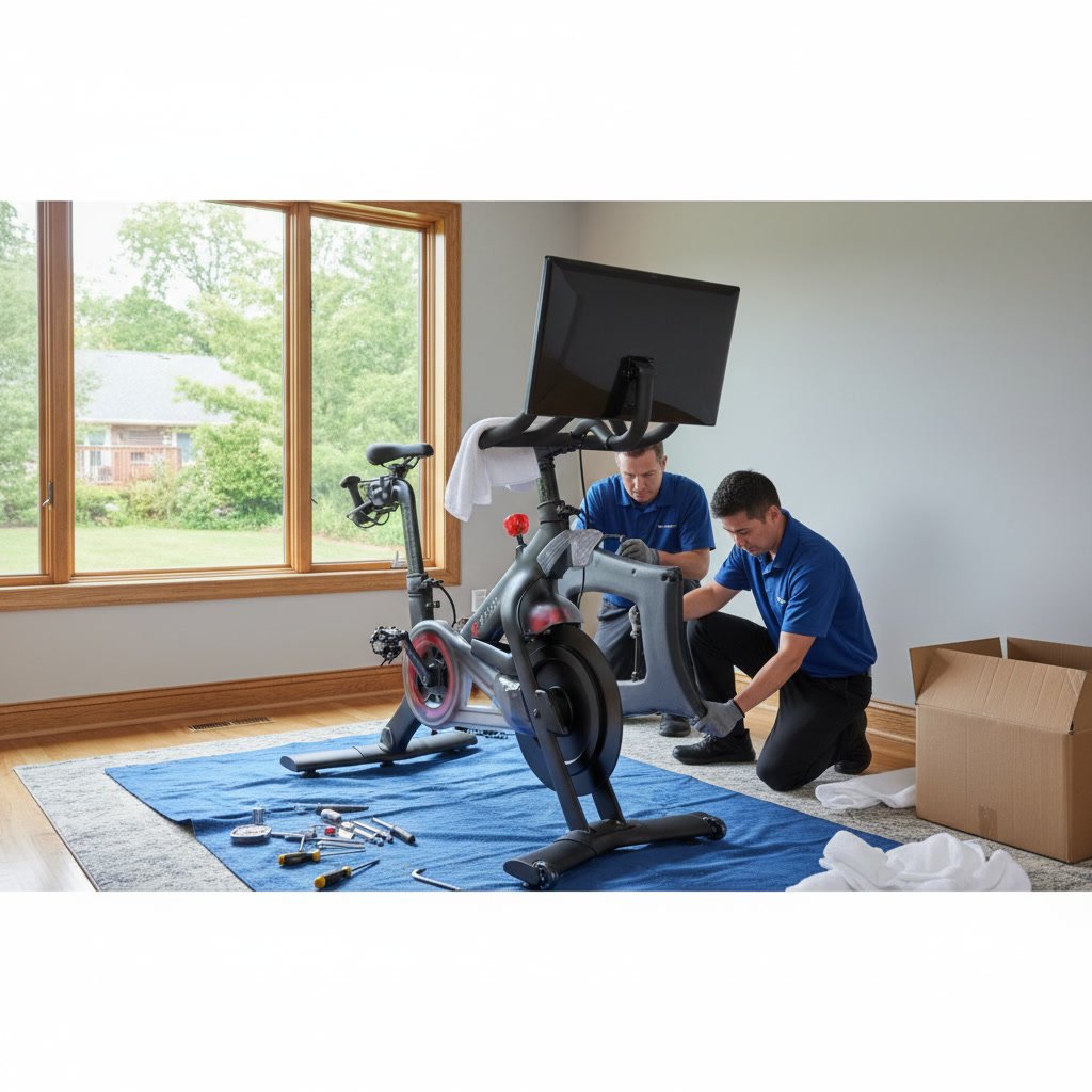 Completed Peloton bike setup with proper spacing in Northbrook home