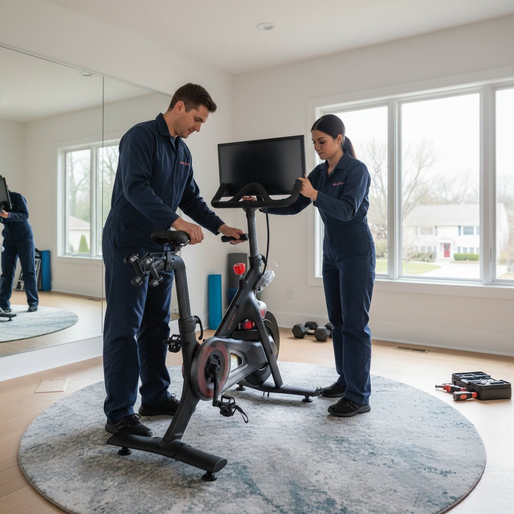 Professional assembling Peloton bike in modern Northbrook home