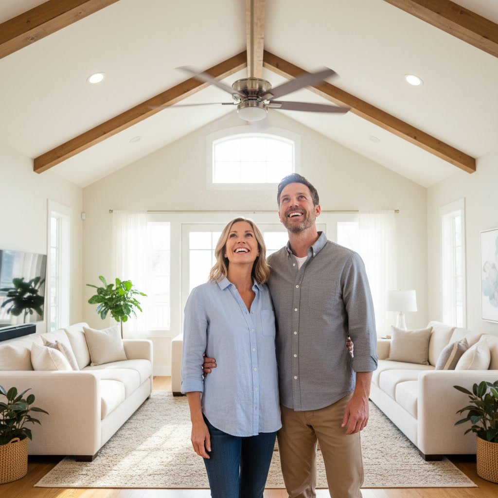 Hands using level to hang framed art on wall in Highland Park home
