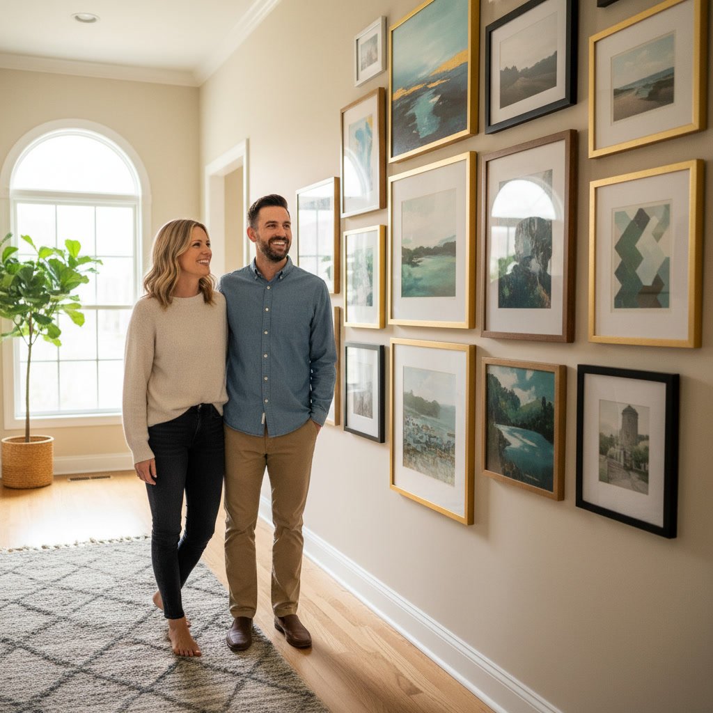 Homeowner leveling framed art on wall in Evanston home