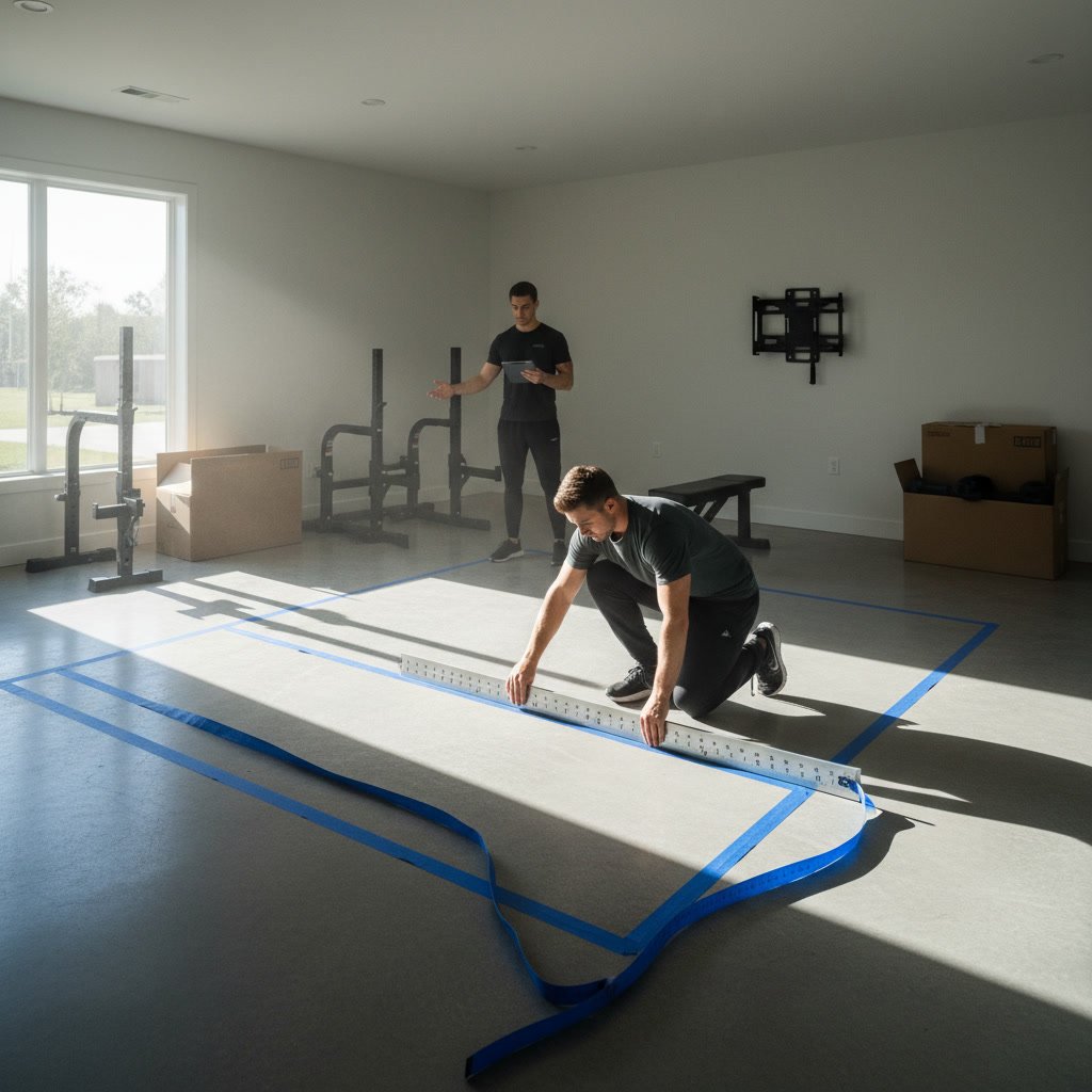 Room layout with blue painter's tape marking fitness equipment footprint on hardwood floor