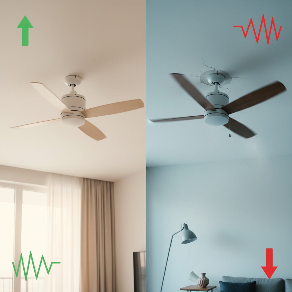 Technician measuring ceiling fan wobble with ruler to determine if professional balancing is needed