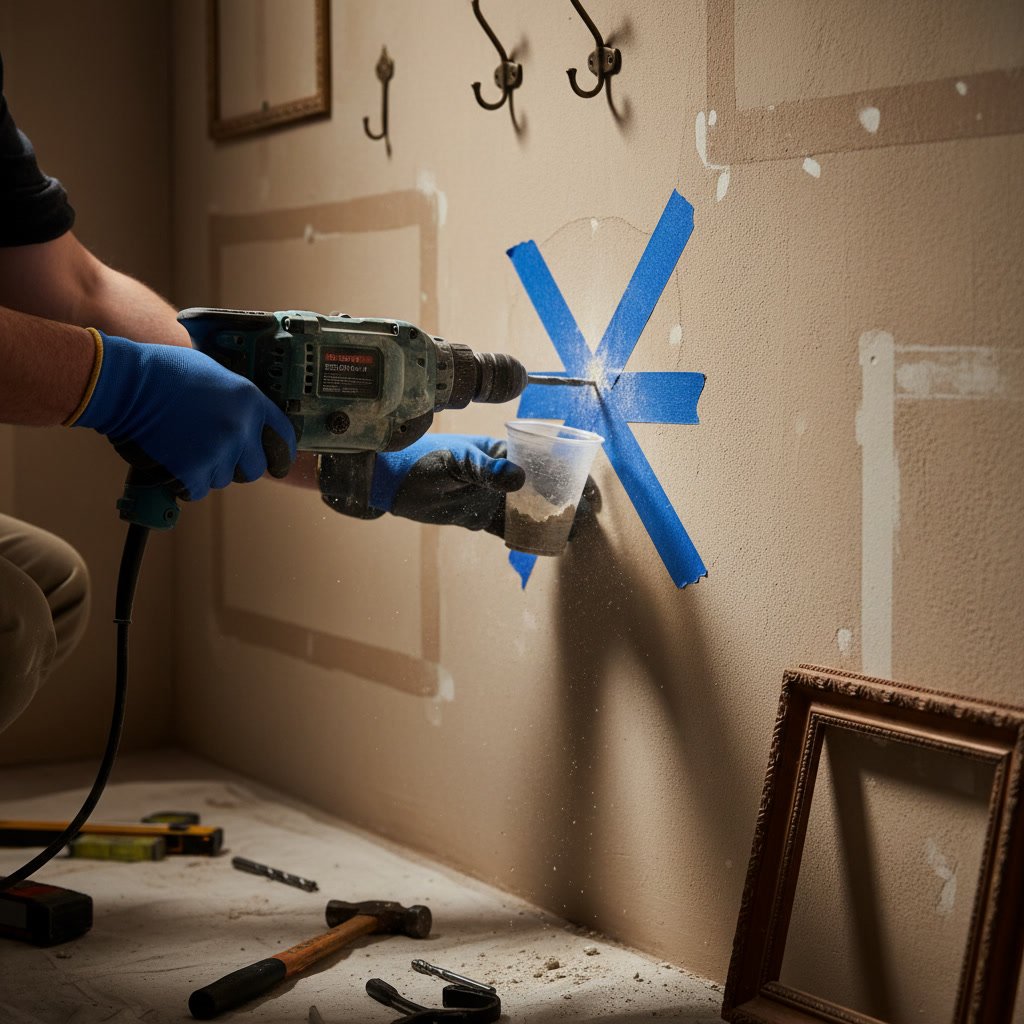Professional drill technique showing proper angle and tape application on plaster wall