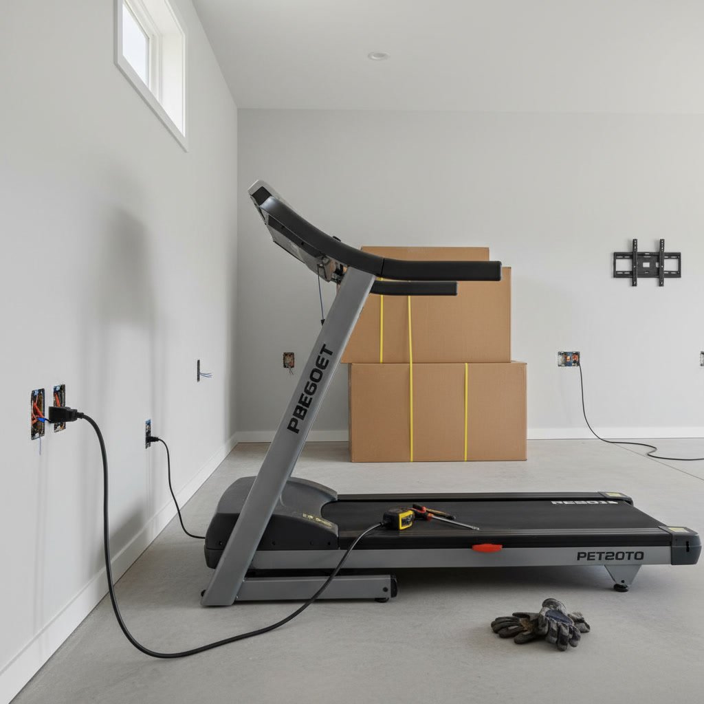 Dedicated electrical outlet near empty wall space prepared for treadmill installation