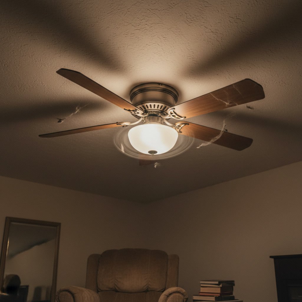 Close-up of ceiling fan motor housing showing signs of overheating and bearing failure