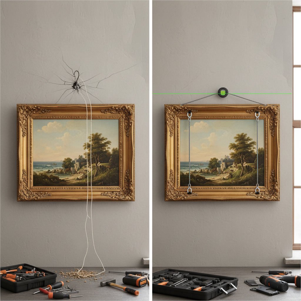 Professional installer using French cleat system to mount heavy framed artwork on wall