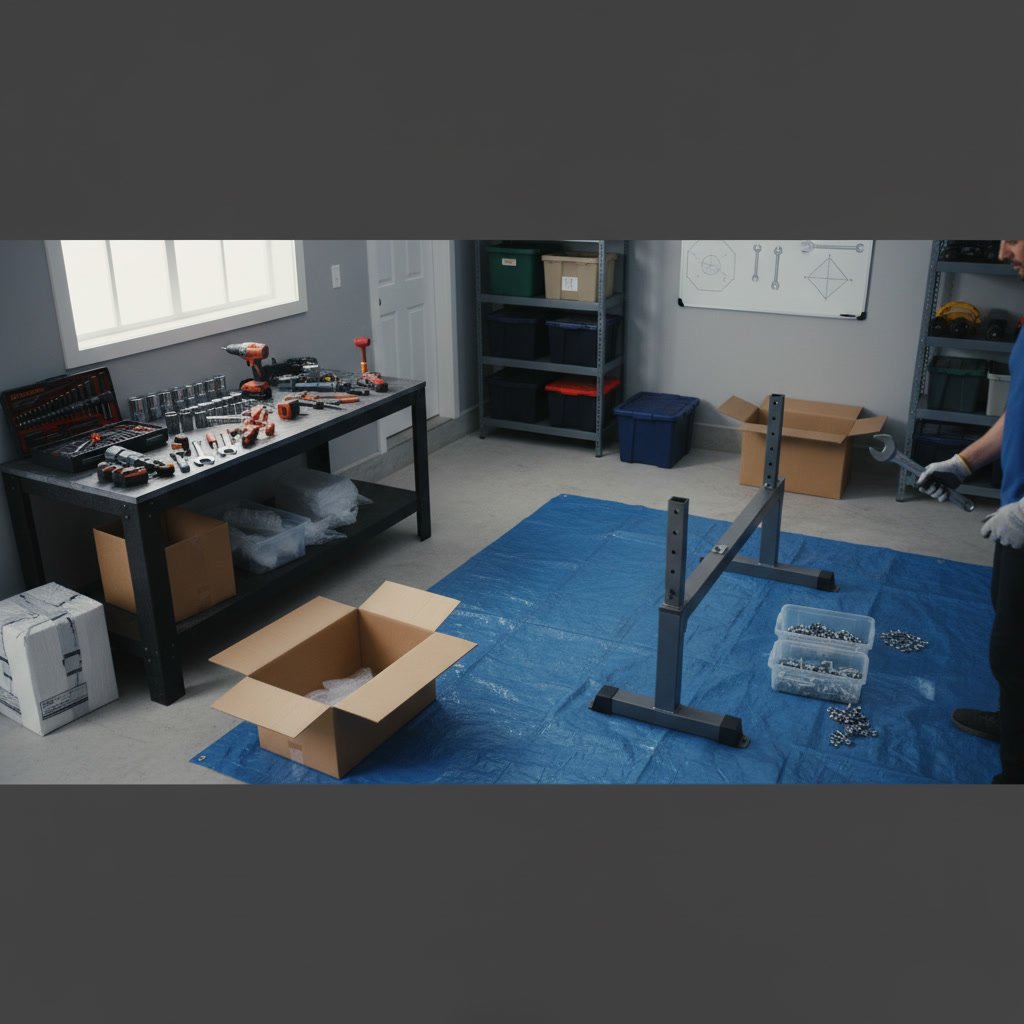 Clean organized home gym space with protective floor mats ready for equipment assembly