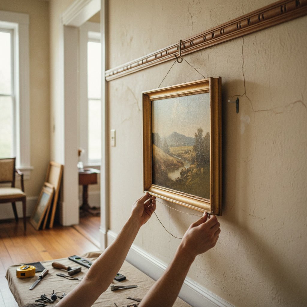 Historic plaster wall in elegant room with professionally hung artwork and ornate molding