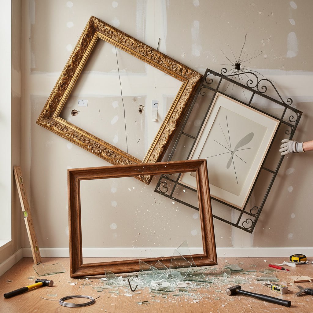 Large heavy picture frame with ornate gold frame leaning against wall awaiting professional installation
