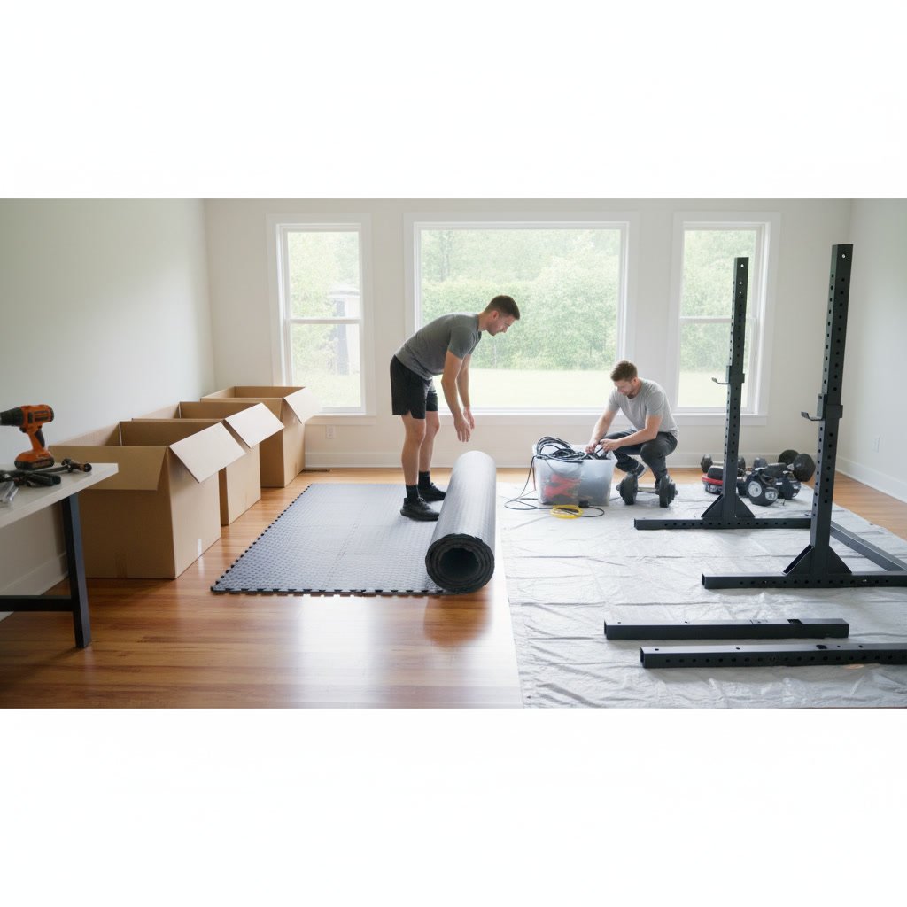 Professional assembling fitness equipment in prepared home gym with protective floor mats