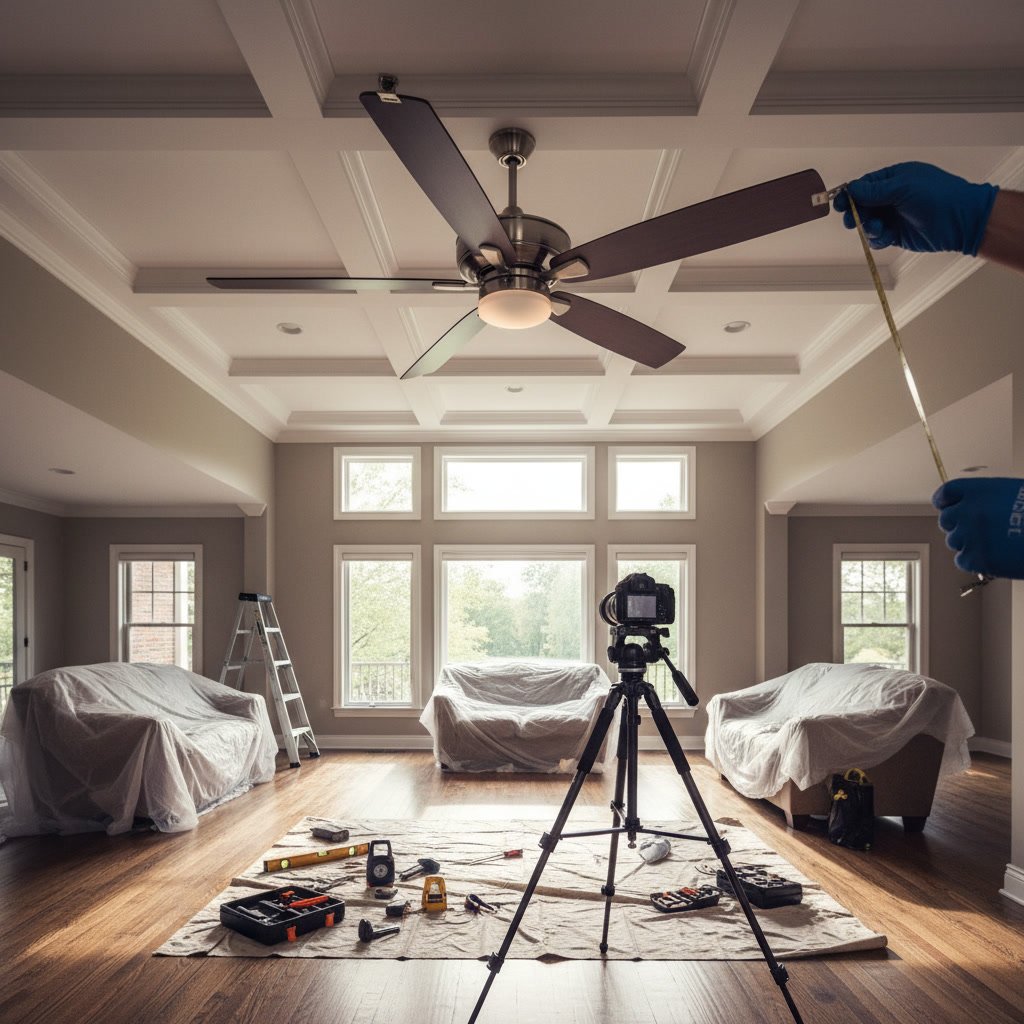 Wobbly ceiling fan in residential room showing signs of imbalance and needing professional service